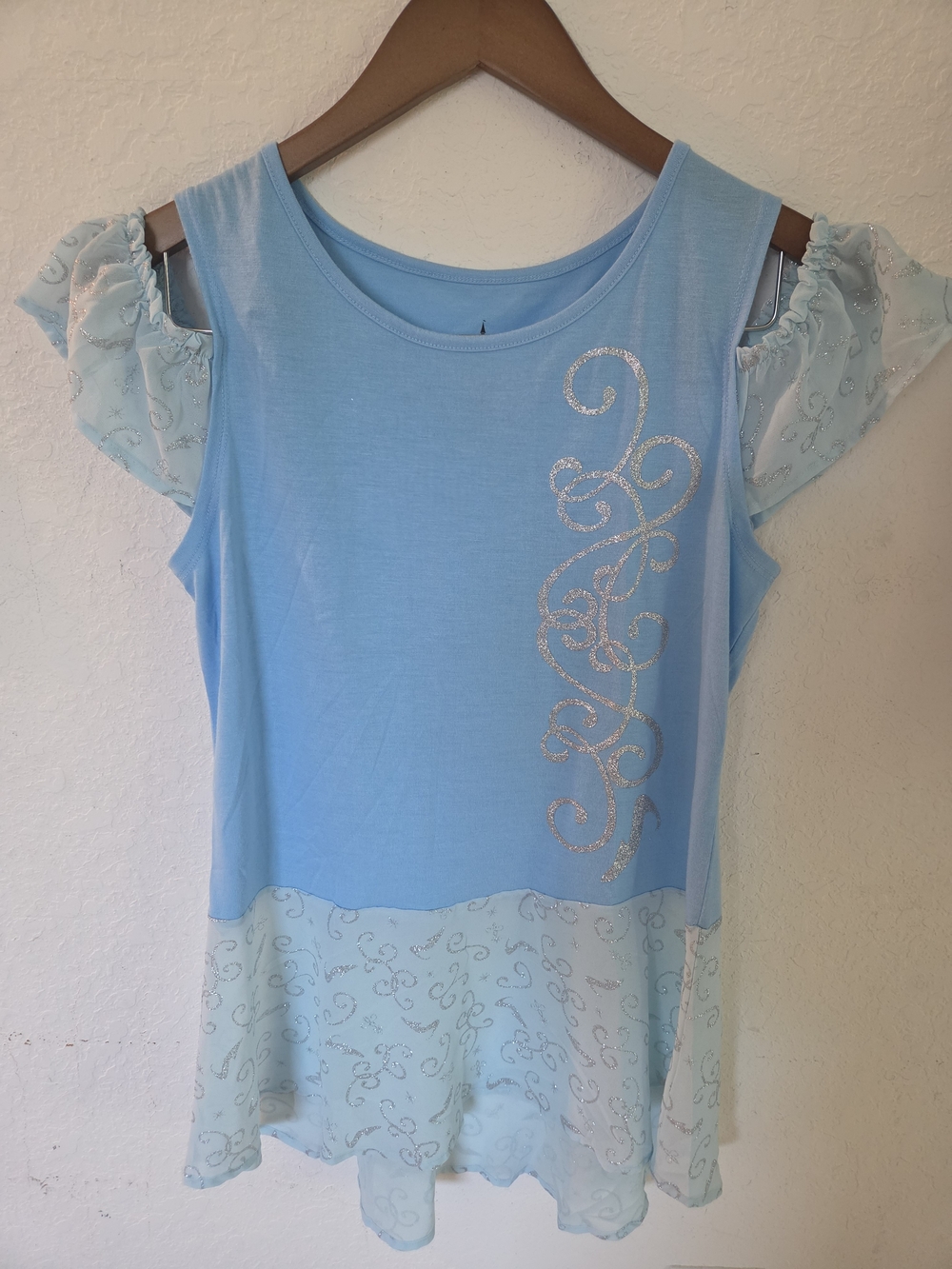 Disney Parks Light Blue Cinderella Glitter Filigree Cold Shoulder Top Small